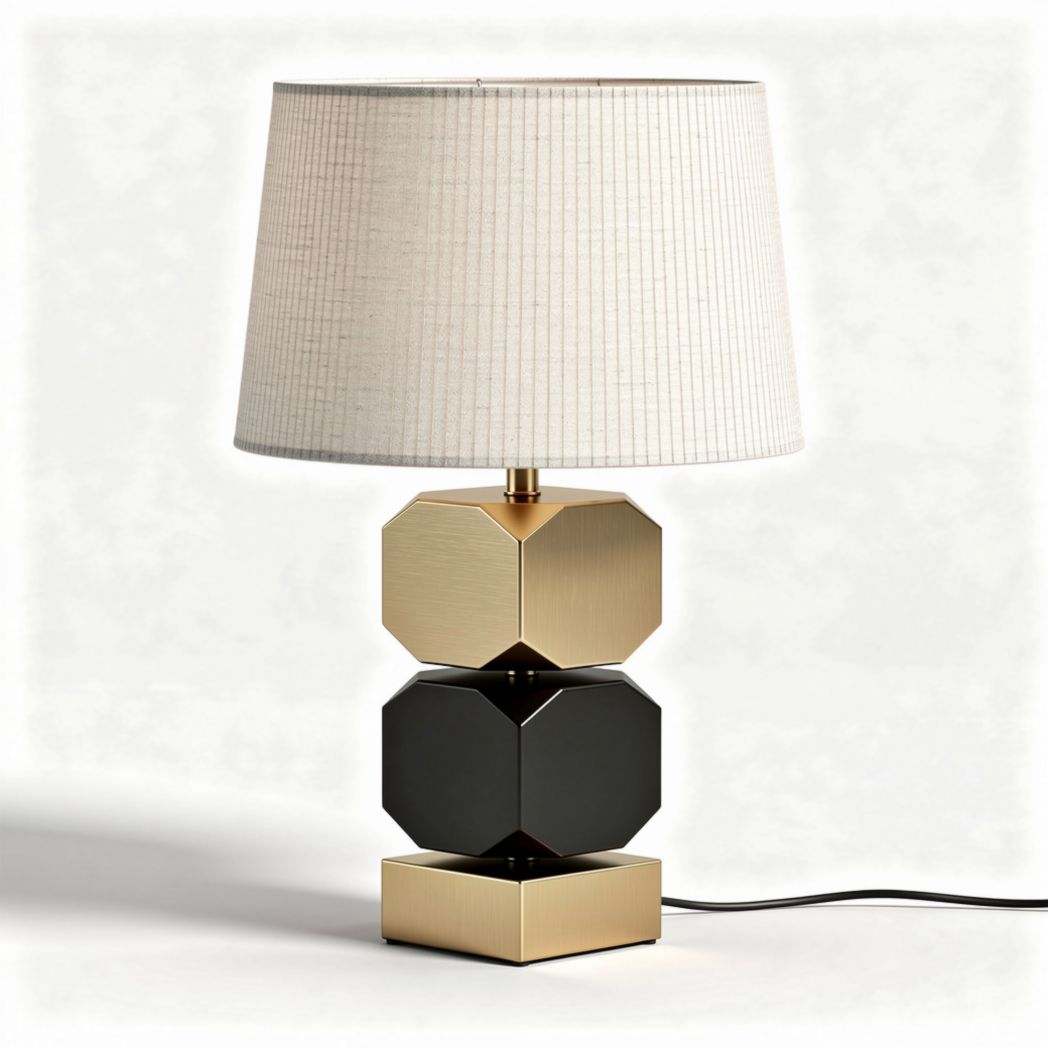 Lampe de table géométrique en métal noir et or avec abat-jour en tissu 30 x 30 x 50cm