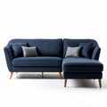 Canapé d'angle en tissu bleu marine avec coussins et pieds en bois 220 x 90 x 85cm