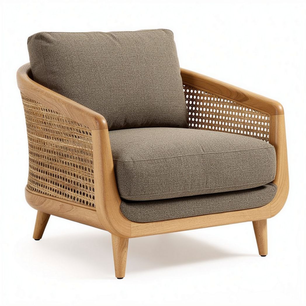Fauteuil en rotin et bois couleur naturelle avec coussin gris 80 x 80 x 75cm
