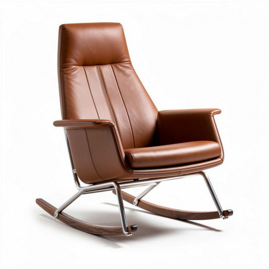 Fauteuil à bascule en cuir brun avec structure en acier inoxydable 85 x 80 x 100cm
