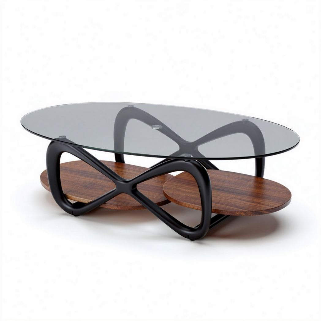 Table basse en verre avec support en bois de 120 x 60 x 45cm noir et naturel
