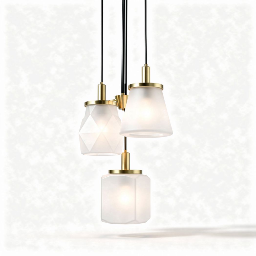 Suspension lumineuse en verre opale et métal doré trois abat-jours 20 x 20 x 35cm