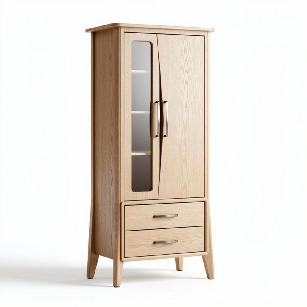 Armoire en bois clair avec portes vitrées et deux tiroirs dimensions 70 x 40 x 180cm