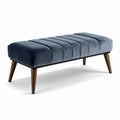 Banc rectangulaire en velours bleu et bois brut 120 x 50 x 45cm