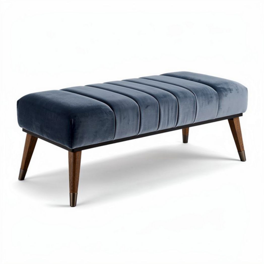 Banc rectangulaire en velours bleu et bois brut 120 x 50 x 45cm